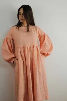 "Spring dress, Handmade peach color linen dress with 3/4 long sleeves and 2 pockets , perfect for casual wear and suitable for any occasion in any season Details: - 100% natural linen produced in Europe ; - medium weight (180 gram per square meter); - color: peach, could be any from our colors catalo (color samples at the photo); Made to order, approximately a few days, If you have any questions please message me and I will be glad to answer. Size guide : Size XS Bust: fits bust around 33\"-34\" Linen Casual Dress, Linen Summer Dress, Feminine Romantic, Linen Summer, Summer Linen Dresses, Dress Linen, Linen Casual, Dress Handmade, Coral Dress