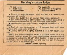 an old recipe for hershey's cocoa fudge, with instructions on how to make it