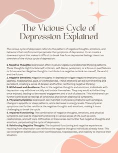 The vicious cycle of depression refers to the persistent patterns of negative thinking, emotions, and behaviors that can reinforce and continue symptoms of depression. This vicious cycle can then create a downward spiral making it challenging to break free from depression. This worksheet offers a breakdown of this cycle, and a visual representation of the vicious cycle. It can be used to gain more insight around the thoughts, emotions, and behaviors that may make up an individual's own vicious c Negative Thought Spiral, Emotional Deprivation Schema, Downward Spiral, Therapy Resources, Breaking Free