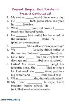 a printable worksheet for present simple, past simple or present continuous tense