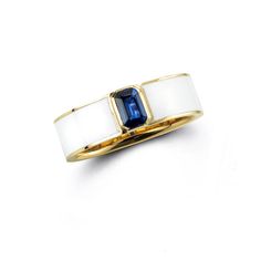 A cool gold and white stunner featuring a spectacular deep blue natural sapphire set in an assertive bezel to perfectly frame its austere elegance. This Cate definitely reminds us of another Australian beauty! Solid 14k yellow gold Untreated emerald-cut .80ct Sri Lankan blue sapphire Hand-painted white enamel Band meas White Enamel Jewelry, Treasure Chest, Enamel Jewelry, Natural Sapphire, White Sapphire, White Enamel, White Painting, Emerald Cut, Earring Necklace