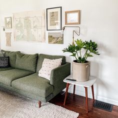 a living room with a green couch and pictures on the wall above it, along with a potted plant