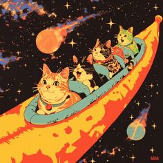 there are many cats that are riding in a boat on the moon and stars behind them