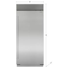 a stainless steel refrigerator with measurements for the door and bottom panel, shown from the side