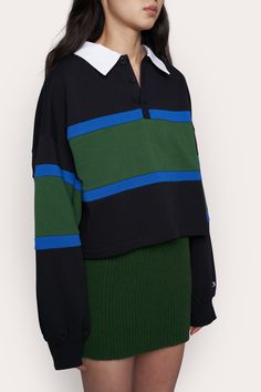 Model is 5'9.5" and wearing a size S Model measurements: 30" bust, 33” hips, 22" waist Composition: 58% Cotton, 47% Polyester Rugby Aesthetic, Rugby Sweater, Polo Style, Striped Sleeve, Cozy Fits, Half Zip Pullover, High Waisted Leggings, Cropped Sweater, Sport Fashion