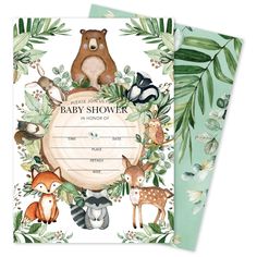 a baby shower card with woodland animals and leaves on the front, featuring an image of a