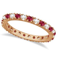 14 round genuine natural red rubies and 13 brilliant-cut white round diamonds are circling all the way around this gorgeous eternity gemstone band in 14k rose gold. The stones are set in a sparkling prong setting. <p> Wear it as a wedding band, as an anniversary ring, as a standalone right hand fashion ring, or as a ring guard with our other stackable rings. <p> This July birthstone ring is also available with other stones. Diamond Infinity Band, Ruby Eternity Band, Emerald Eternity Ring, Eternity Rings Stackable, Pink Gold Rings, Sapphire Eternity Band, Sapphire Eternity Ring, July Birthstone Ring, Infinity Band