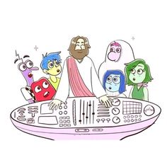 an image of jesus and his family playing music on the turntable with monsters around him