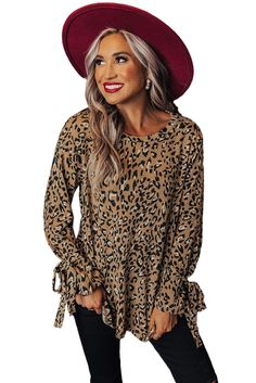 Leopard Print Cuff Knot Long Sleeve Blouse Leopard Style, Leopard Blouse, Leopard Fashion, Blouse Online, Lantern Sleeves, Long Sleeve Cardigan, Club Dresses, Affordable Fashion, Printed Blouse