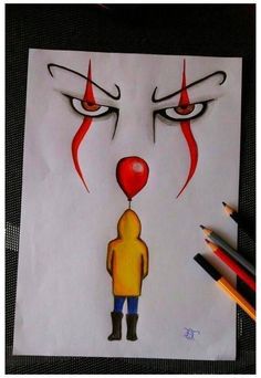 a drawing of a clown's face with red nose and eyeballs on it