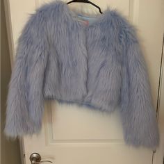 Akira Fur Coat Blue Long Sleeve Outerwear For Spring, Spring Long Sleeve Blue Outerwear, Chic Light Blue Winter Outerwear, Trendy Blue Outerwear For Parties, Trendy Blue Party Outerwear, Chic Blue Party Outerwear, Blue Long Sleeve Party Outerwear, Blue Outerwear For Fall Party, Blue Party Outerwear For Fall