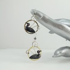 Feeling a little Loon-y? Then take a peek at these whimsical and wonderful Loon earrings that are artisan made, hand painted, and handcrafted in sterling silver, jeweler's brass and eclectica. They are a true pair, with each side facing the other (or away, depending on their mood) and measure just over 1.5 inches in length from the wire to the base and .75 inch wide. The Birds are in excellent, new condition and unmarked, although guaranteed to be the above mentioned material. A fun pair for a f Whimsical Hand Painted Silver Earrings, Whimsical Hand Painted Drop Earrings, Whimsical Hand Painted Dangle Jewelry, Whimsical Enamel Earrings Nickel Free, Hand Painted Adjustable Drop Earrings, Whimsical Hand Painted Enamel Jewelry, Unique Enamel Pierced Earrings, Unique Enamel Earrings For Pierced Ears, Whimsical Hand Painted Earrings For Gifts