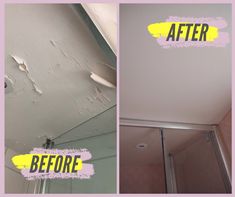 before and after photos of a bathroom ceiling that needs to be painted white with yellow paint