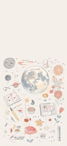 the moon is surrounded by various objects and flowers