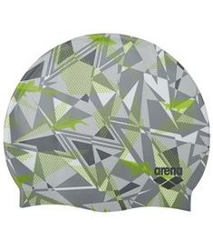 a grey and green swim cap with an abstract design