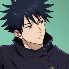 an anime character with black hair and blue eyes looking at the camera while wearing a jacket