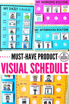 two posters with words and pictures on them that say, must have product visual schedule