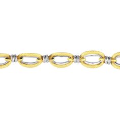 Dive deep into the charm of the Two-Tone Textured/Polished Double Link Bracelet by Olas d'Oro. Awaken your senses with the mesmerizing blend of yellow and white gold. Crafted with impeccable artistry, this iconic gold bracelet is a fusion of elegance and sophistication, a true masterpiece for those who appreciate timeless beauty.Find inspiration in the details of this bracelet, where every link tells a story of craftsmanship and luxury. The textured and polished double links create a harmonious Elegant Yellow Gold Jubilee Bracelet, Elegant Yellow Chain Bracelet With Jubilee Style, Formal Yellow Gold Jubilee Bracelet, Oval White Gold Jubilee Bracelet, White Gold Jubilee Bracelet With Oval Link, Formal Yellow Gold Oval Link Charm Bracelet, Formal White Gold Oval Link Bracelet, Formal Yellow Gold Sterling Silver Oval Link Bracelet, Luxury Double Strand Gold Bracelet