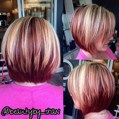 Blonde Red Hair Short, Red And Blond Short Hair, Fun Professional Hair, Red Hair With Blonde Highlights Bob, Semi Short Haircuts, Red And Blonde Bob, Burgundy And Blonde Hair Color, Blonde Hair With Burgundy Highlights