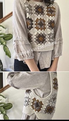 two pictures of a woman wearing a sweater with flowers on it and the same photo of her