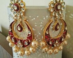 Bollywood Earrings Chandbali White Kundan Earrings Statement | Etsy Festive Bridal Earrings For Gift, Traditional Pearl Drop Hoop Earrings For Wedding, White Bridal Earrings For Festivals And Anniversary, White Bridal Earrings For Festivals And Anniversaries, Gift Red Chandbalis, Handmade Teardrop Bridal Earrings For Celebrations, Festive Round Chandelier Earrings For Gifts, Festive Round Chandelier Earrings Gift, Dangle Chandbalis With Matching Earrings As Gift