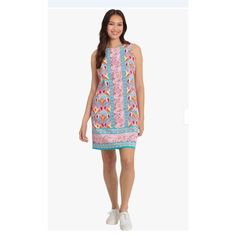 London Times Women's Preppy Bright Happy Tropical Vacation Shift Dress New With Tags Size 6 Measurements Are In The Photos Multi Colored Cotton And Spandex Imagine A Delightful Blend Of Turquoise, Coral Pink, Red, Orange, And White. These Hues Evoke The Warmth Of Sun-Kissed Days And The Refreshing Coolness Of Ocean Waves. It Features A Round Neck, It Is Sleeveless, And Has An Above The Knee Hem. The Dress Has A Center Back Zipper Closure. This Dress Does Not Have Pockets. The Color May Vary Due Casual White Dress With Vibrant Print, Black Empire Waist Dress, Preppy Tropical, Spaghetti Strap Summer Dress, Cowl Neck Sweater Dress, Flowy Mini Dress, Blue Summer Dresses, Preppy Summer, Empire Waist Dress