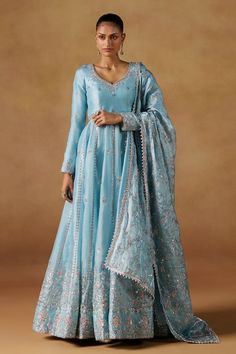 Buy Blue Organza Embroidered Zari Leaf Floral Butta Anarkali Set For Women by LASHKARAA Online at Aza Fashions. Tissue Anarkali, Blue Anarkali, Organza Top, Sequin Embroidery, Embroidered Dupatta, Organza Dupatta, Anarkali Dress