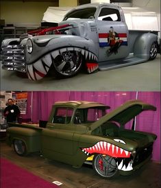 two pictures of an old pick up truck with shark teeth on the front and side