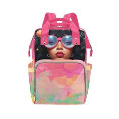 .title { font-size: 18px; } .title1 { font-size: 14px; } .list { background-position: left 10px; } ChicVision Watercolor Multi-Function Backpack Step out in style and functionality with our ChicVision Watercolor Multi-Function Backpack, featuring a striking image of a melanin queen sporting chic pink glasses. Designed for durability and fashion-forward flair, this backpack boasts a spacious main compartment and multiple interior pockets for convenient organization. Whether you're packing food, clothes, water bottles, diapers, or books, our backpack has you covered. 【Type】Made from waterproof nylon, 10.83"(L) x 6.69"(W) x 15"(H) x 3.1"(Hand Drop). 【Product description】24.34 Oz. Made from 100% polyester, durable and fashionable. Large capacity. One main compartment and some seperate pockets Trendy Multicolor Backpack For Outdoor Activities, Trendy Summer Backpack For Daily Use, Trendy Backpack For Outdoor Activities, Trendy Portable Backpack For Outdoor Activities, Large Capacity Rectangular Backpack, Playful Pink Backpack For Outdoor Activities, Multicolor Portable Backpack For Daily Use, Multicolor Portable Rectangular Backpack, Summer Rectangular Backpack For Daily Use