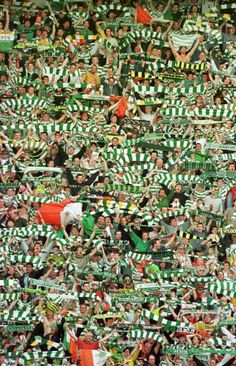 a large group of people holding up green and white striped flags in the stands at a sporting event