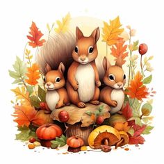 three little squirrels sitting on top of a mushroom surrounded by autumn leaves and acorns