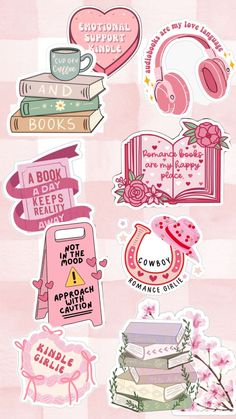 pink stickers with books and headphones on them