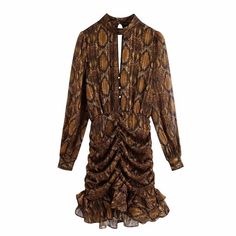 Snake Skin Print Cascading Ruffle Hem Mini Dress | Uniqistic.com Ruffle Dress Long, Printed Dresses Fashion, Mini Dress Vintage, Ruffled Mini Dress, Snake Skin Print, Women's Robe, Runway Dresses, Pleated Mini Dress, Printed Long Dresses