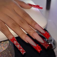 Red Long Acrylic Nails With Rhinestones, Bling Red Nails, Red Bottom Acrylic Nails, Red Birthday Nails, Red Long Nails, Nails