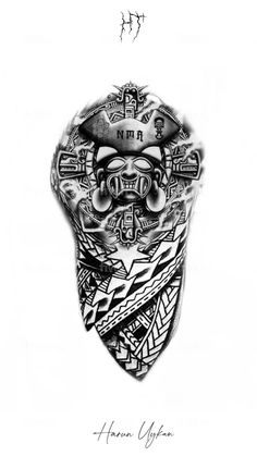 a black and white drawing of a skull with tattoos on it's face, in the shape of a helmet