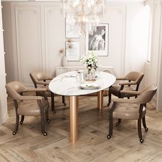 a dining room table with six chairs and a chandelier hanging from the ceiling