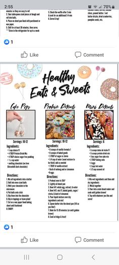 the menu for healthy eats and sweets is shown on an iphone screen, with other items displayed