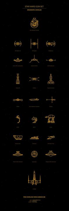 the star wars poster is shown in gold on black background, and features all kinds of vehicles