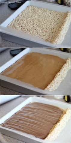 the process for making peanut butter bars is shown in three different stages, including being frosted