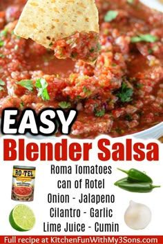 easy blender salsa recipe with tortilla chips and cilantro