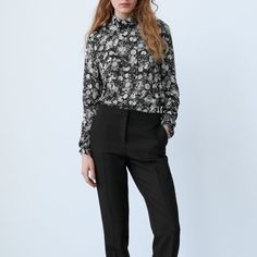 Zara Chiffon Long Sleeve Blouse. Black And White Floral High Neck Blouse, Features Back Neck Buttons. Ruching On The Sleeve Cuffs. Brand New With Tags! Measurements 23” Long 26” Sleeve 18” Pit To Pit Elegant Floral Print Viscose Tops, Elegant Viscose Tops With Floral Print, Elegant Floral Print Office Tops, Chic Office Blouse With Floral Print, Chic Sheer Sleeve Blouse For Work, Chic Floral Print Office Tops, Elegant Floral Print Tops For Workwear, Chic Blouse With Sheer Sleeves For Office, Fitted Viscose Blouse For Party