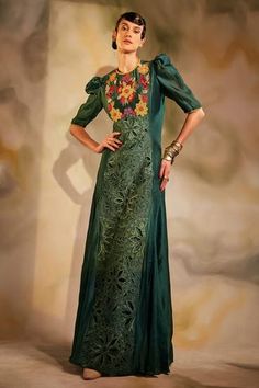 Shop for Chandrima Green Chanderi Cutwork Gown for Women Online at Aza Fashions Maxi Dress Indian, Emerald Gown, Cutwork Dress, Gown Green, Stone Embroidery, Green Wrap Dress, Designer Maxi Dress, Cowl Dress, Green Wrap