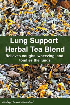 the front cover of lung support tea blend with orange and green leaves in it, surrounded by mulchs