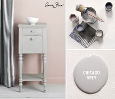 a collage of photos with white furniture and pink walls, including a gray dresser