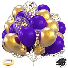 a bunch of purple and gold balloons with confetti on the top, next to a ring