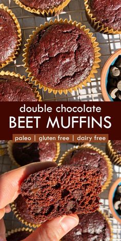 double chocolate beet muffins on a cooling rack with more muffins in the background