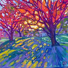 an oil painting of trees with bright colors