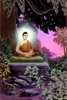 a painting of a buddha sitting in the middle of a forest