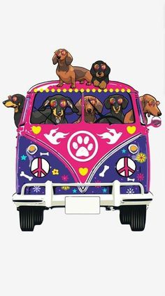 three dogs are riding in the back of a vw bus