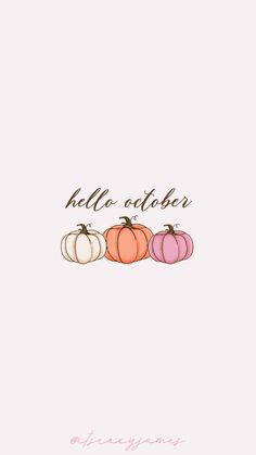 three pumpkins with the words hello october written in brown and pink on top of them